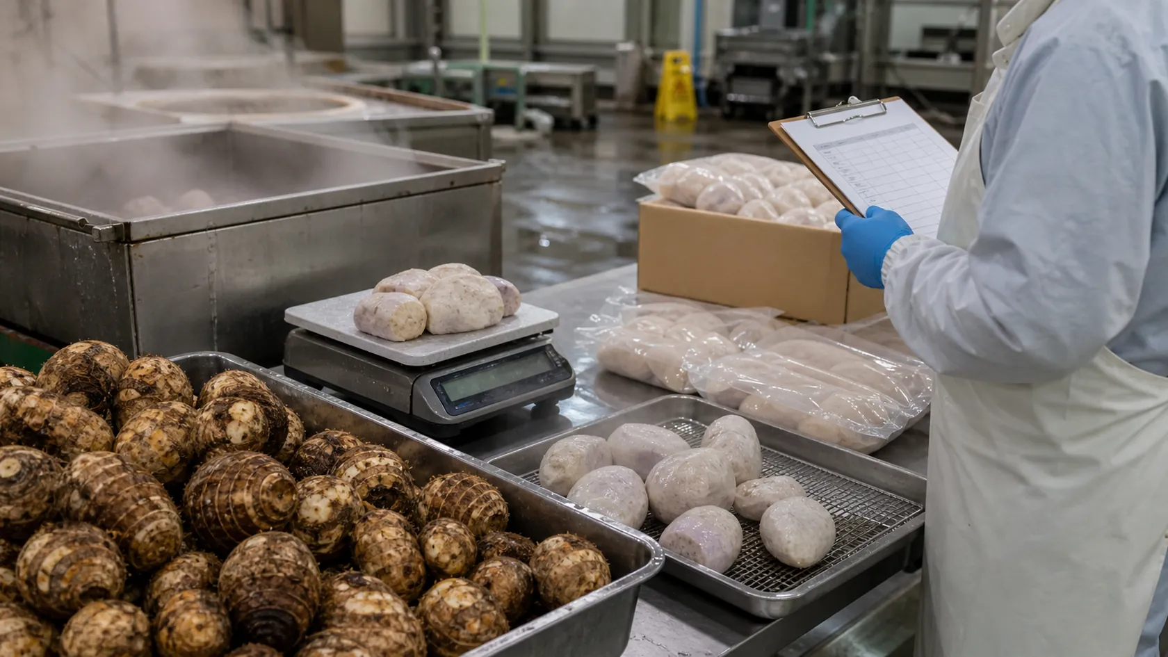 蒸煮・可食歩留まりと冷凍卸検収明細を照合する架空加工所（AI生成の説明用イメージ）
