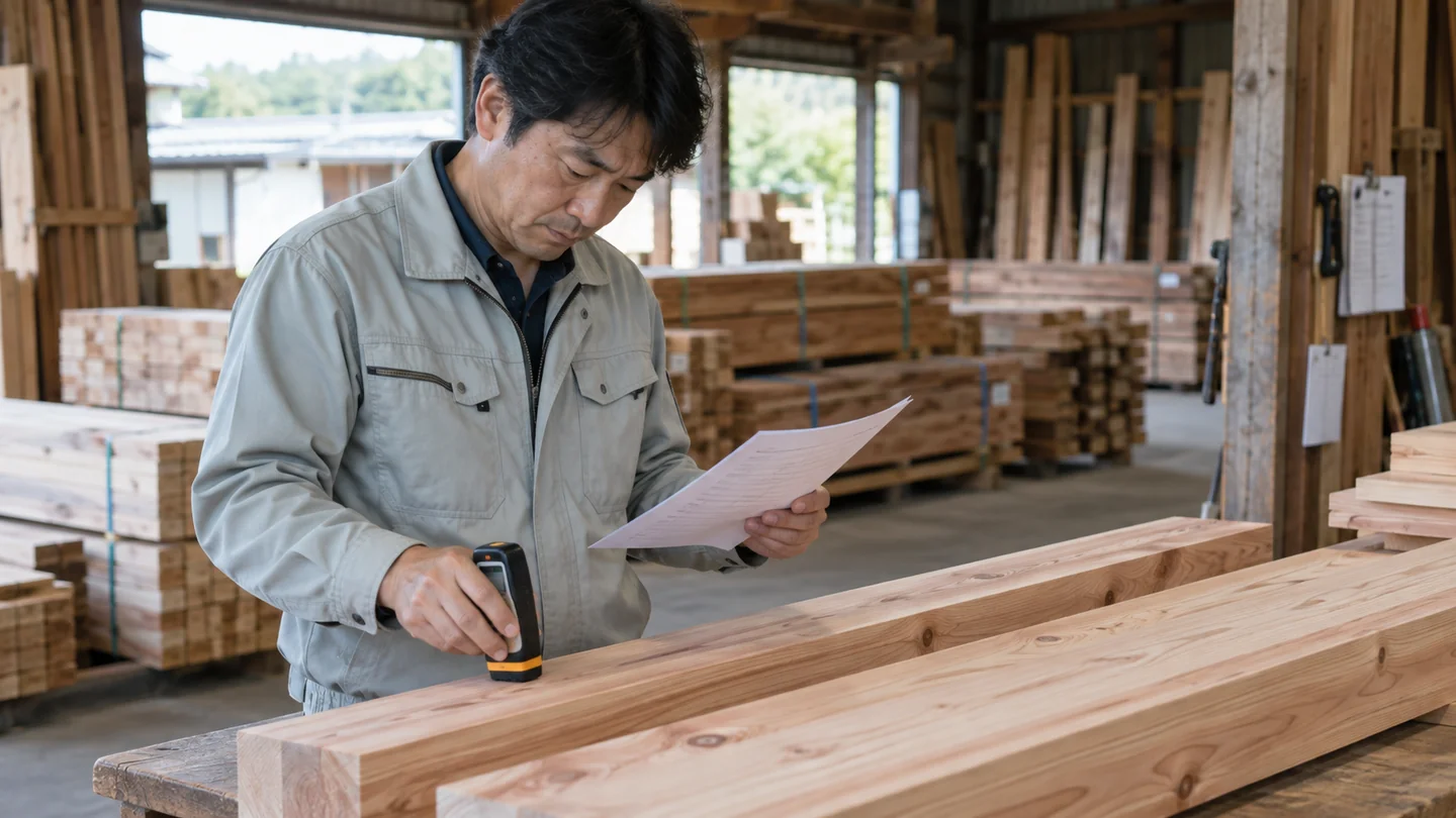 架空の木材検査場で材と品質確認の記録を照合する場面（AI生成イメージ）