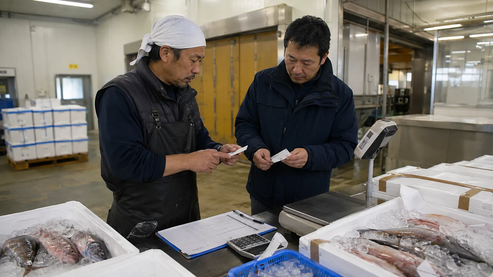 水揚げ便・鮮魚箱と市場精算を照合する架空出荷所（AI生成の説明用イメージ）