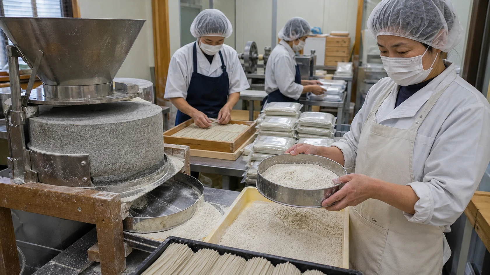 北広島町のそば工房で玄そば水分・石臼製粉・粉歩留まり・半生麺水分・包装ロットを照合する担当者