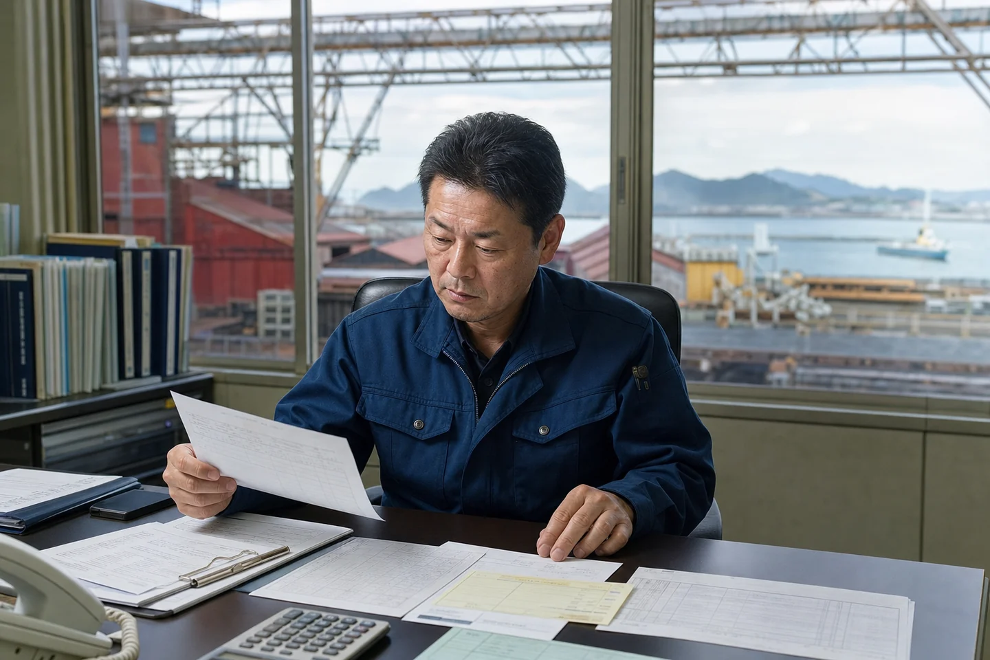 北九州市の加工工場で経営者が鋼材費と外注加工費の請求書を確認する様子