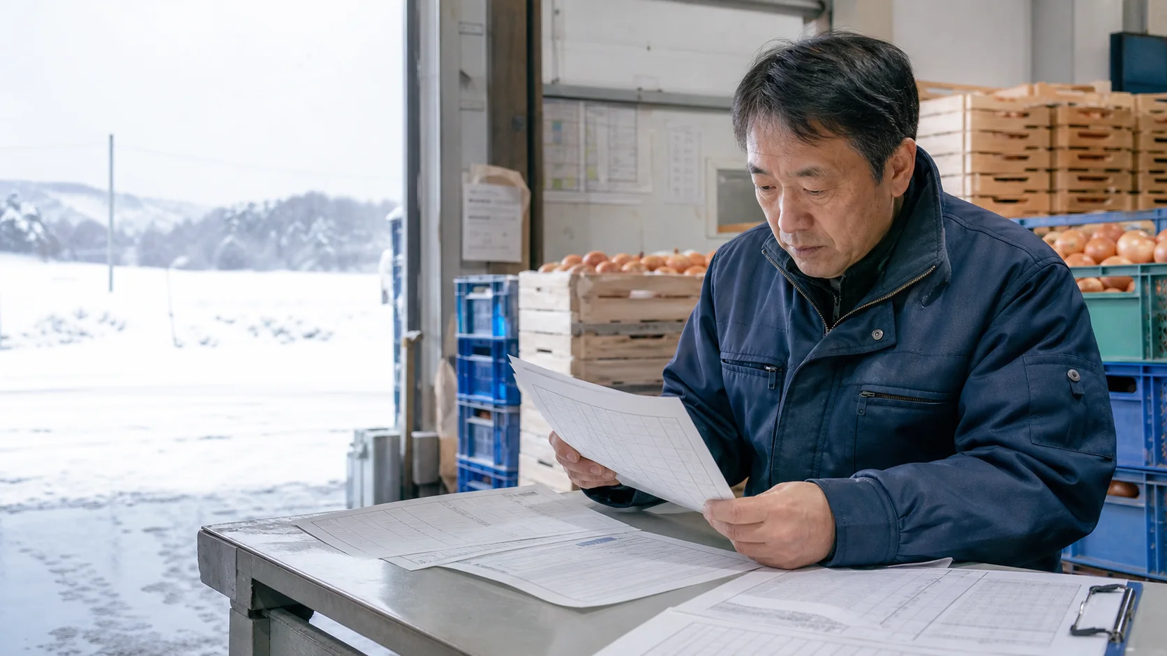 北見市の事業者が資材・燃料価格、収量と農産物相場、冷蔵費、選果歩留まり、冬季配送の遅れによる資金不足日を確認する場面