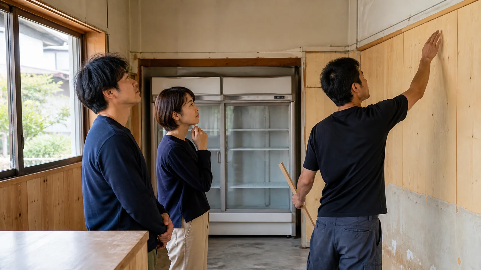 小林市の改装前の空店舗で無地の内装材と営業準備工程を確認する創業者