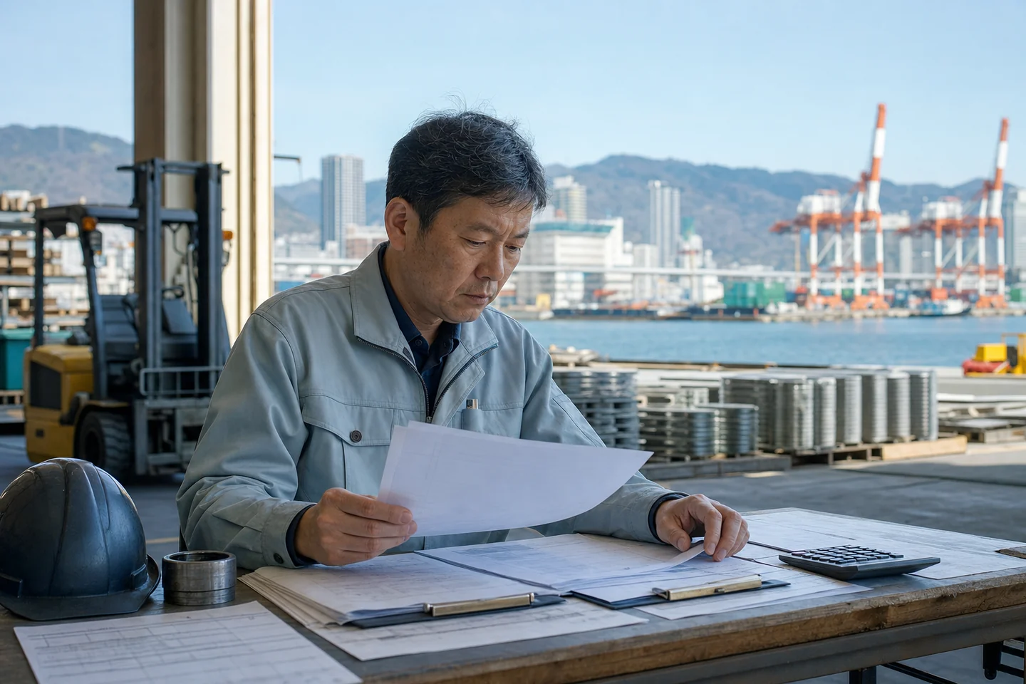 神戸市の製造事業者が材料費や港湾費の支払書類を確認する様子