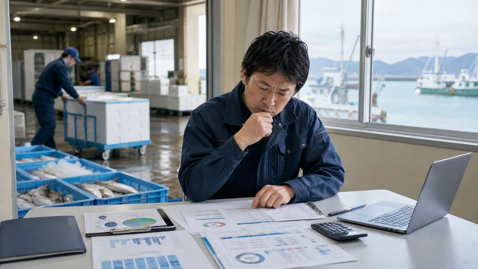 小松島市の事業者が冷蔵在庫表と荷役明細から資金不足週を確認する場面