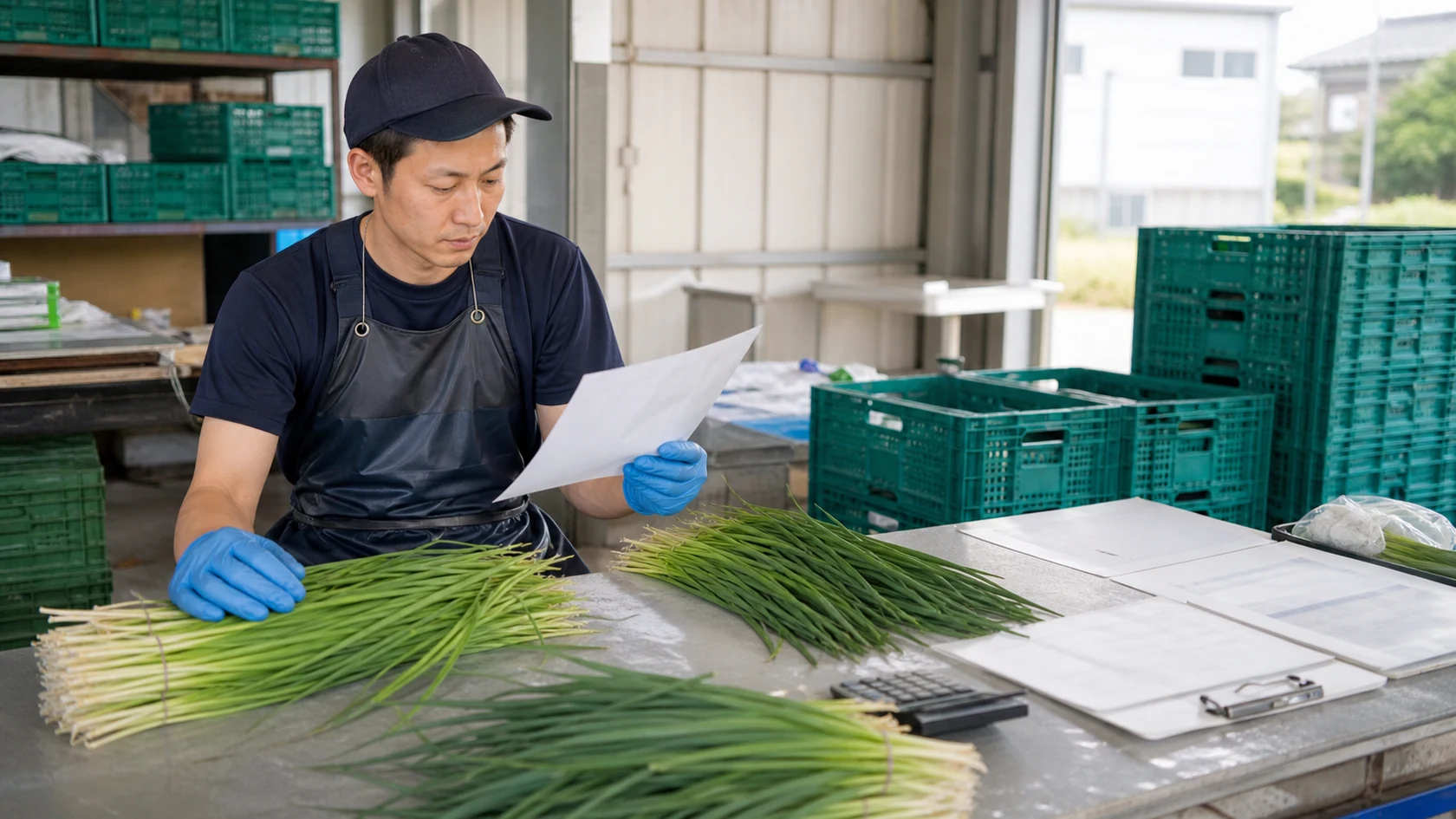 刈取り記録と出荷精算書を確認する架空のニラ農家（AI生成の説明用イメージ）