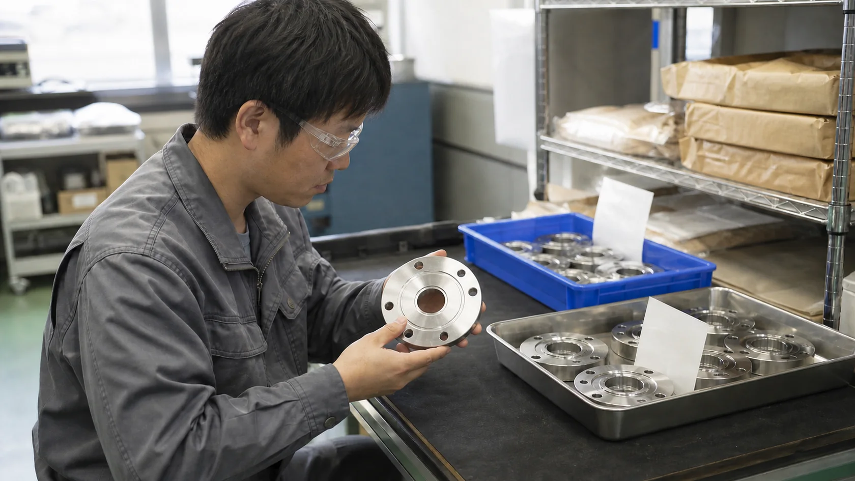 小竹町の部品加工モデルで検査台上の加工品の状態を確認する担当者（AI生成の説明用イメージ）