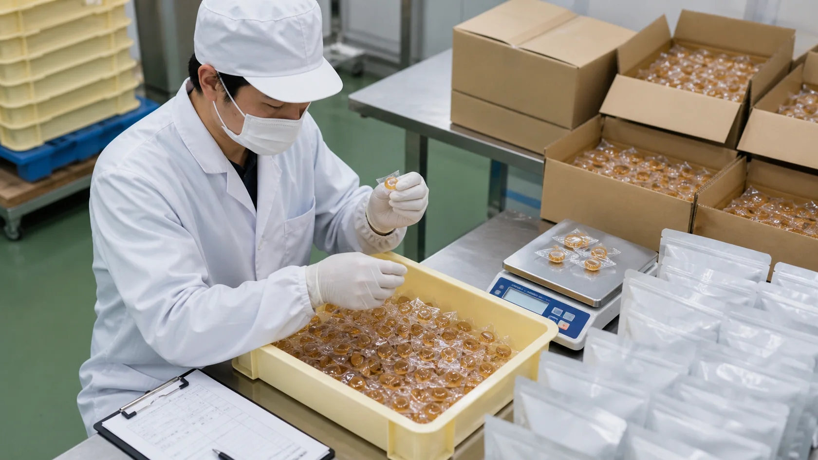 琴平町を題材とした菓子包装室で飴の割れと防湿袋の密封を検査する担当者（AI生成の説明用イメージ）