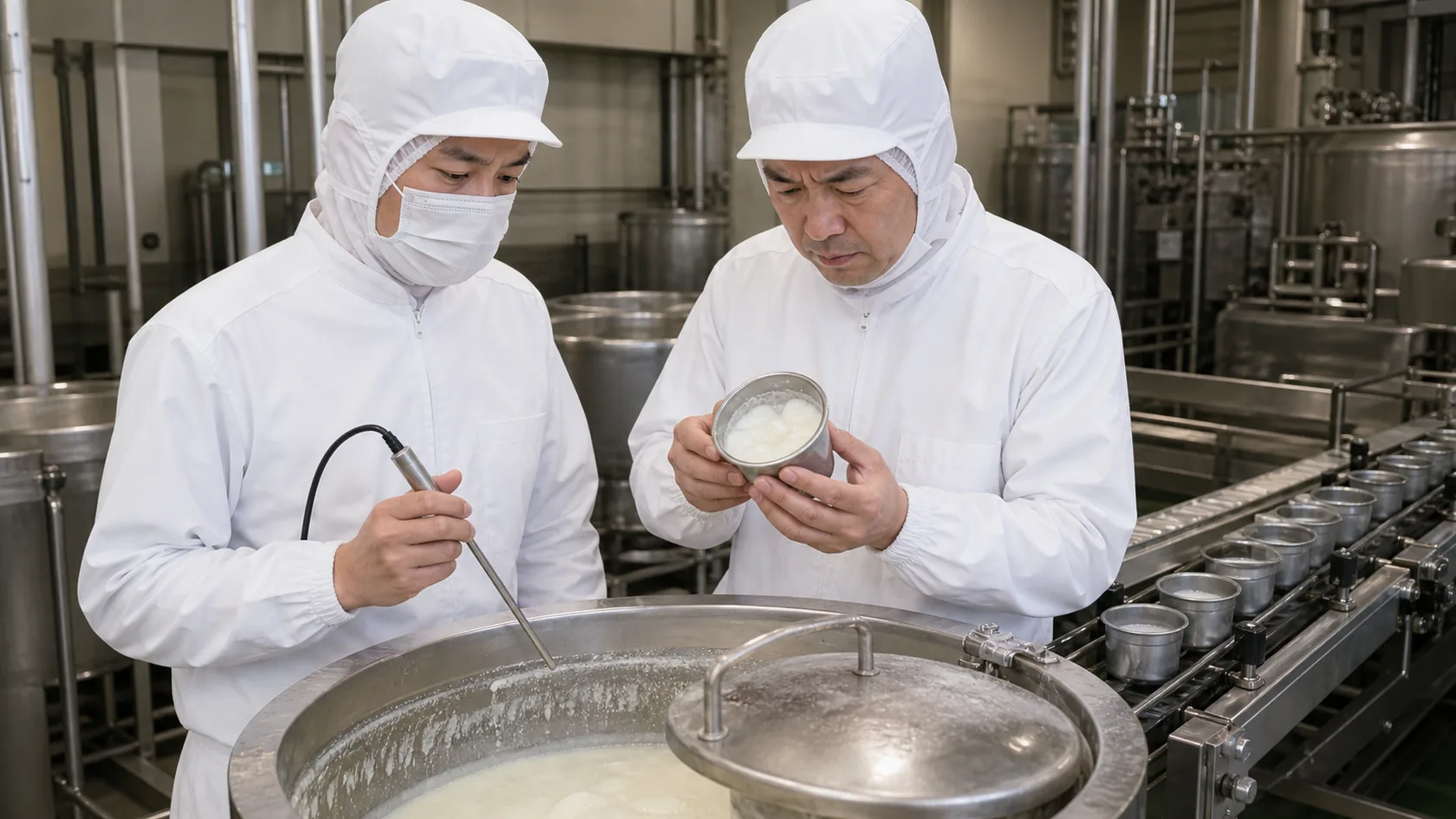 琴浦町の乳製品工場で発酵温度とpHが基準外となったタンクを確認する担当者