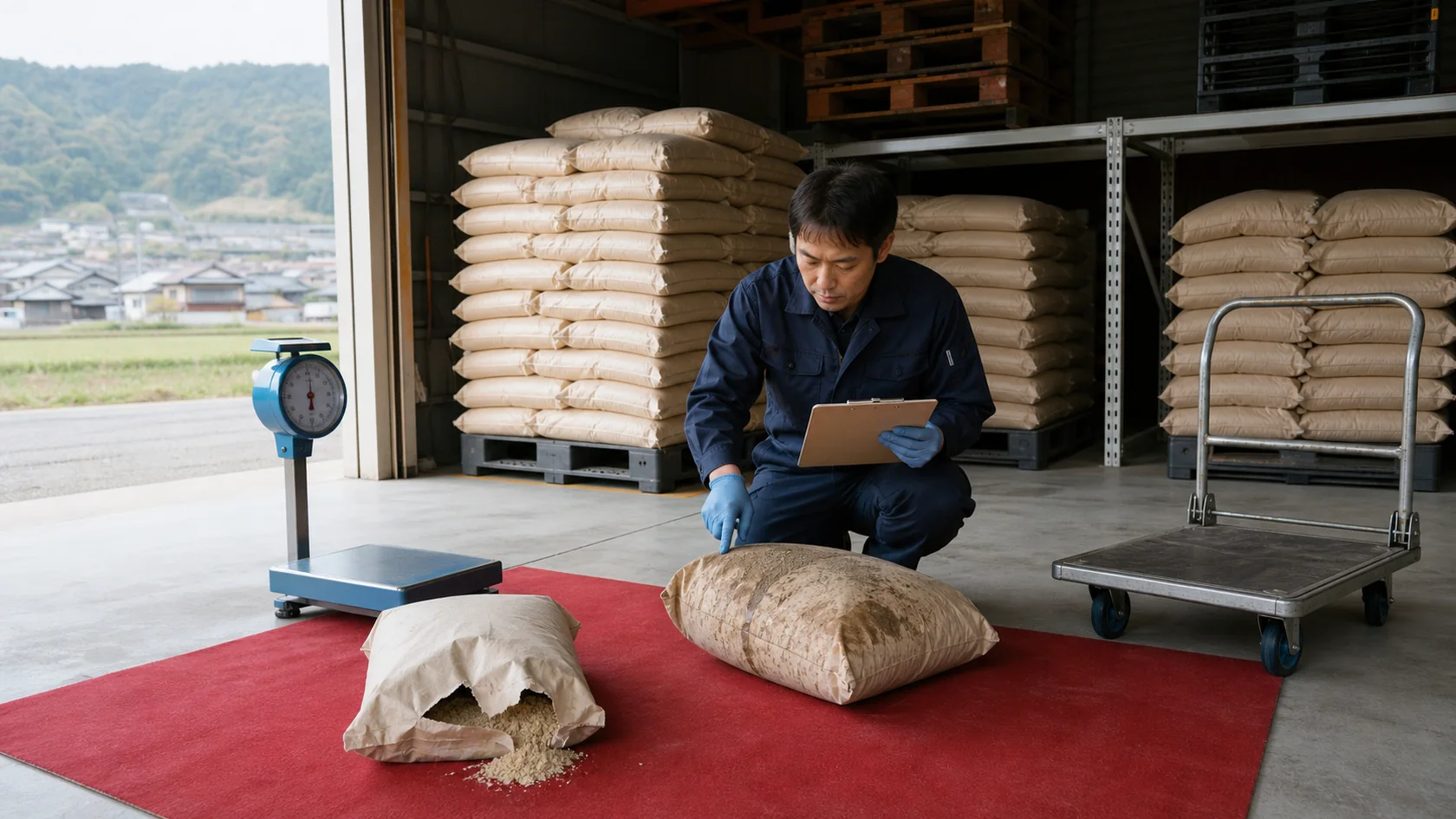 高野町の農業資材倉庫で、破損・吸湿した完成品袋を隔離し、入荷ロット・在庫台帳・注文記録を照合する担当者