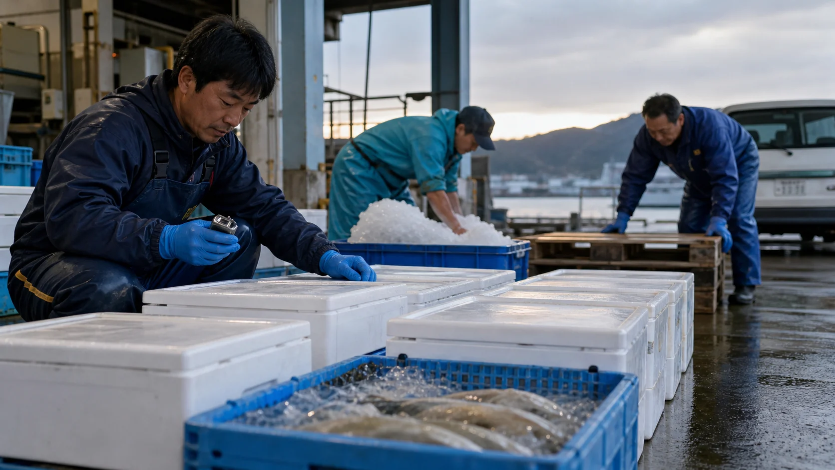 久慈市の港の荷さばき場で水産物の箱数、氷、出荷準備を確認する事業者
