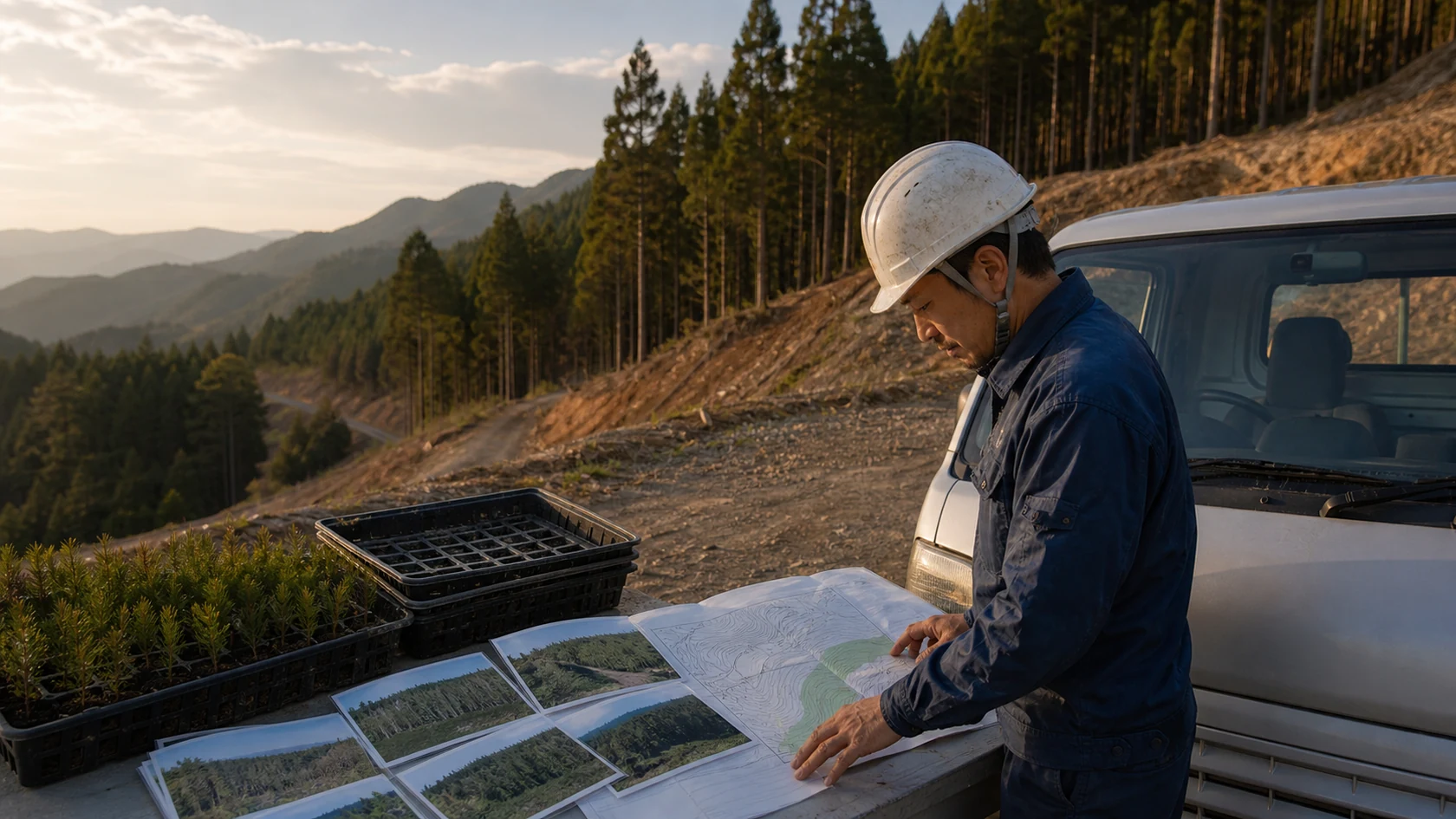再造林区画図と出来形検査資料を確認する架空事業者（AI生成の説明用イメージ）