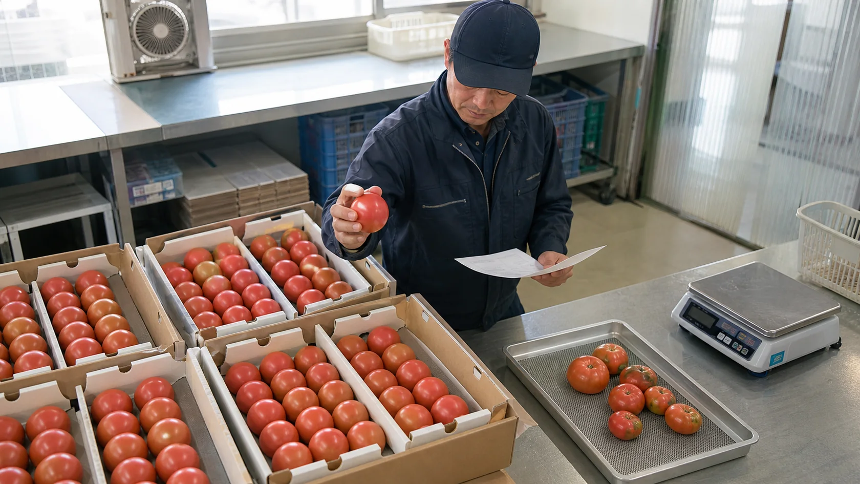 久万高原町を題材とした選果場でトマトの等級別箱数と出荷記録を照合する担当者（AI生成の説明用イメージ）