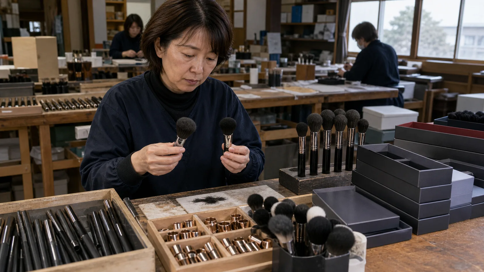 熊野町の熊野化粧筆の選毛・毛組み・穂首成形・軸接合・検品出荷で在庫・設備容量・出荷予定を確認する担当者