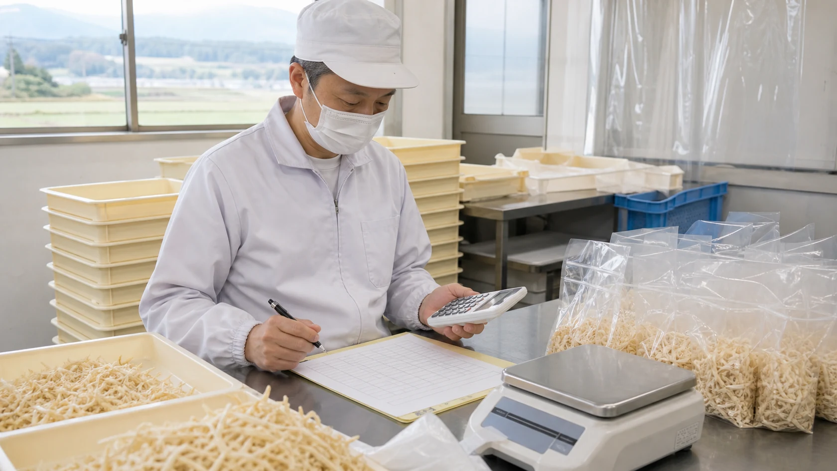 千切り大根の乾燥ロットと仕切資料を確認する架空生産者（AI生成の説明用イメージ）