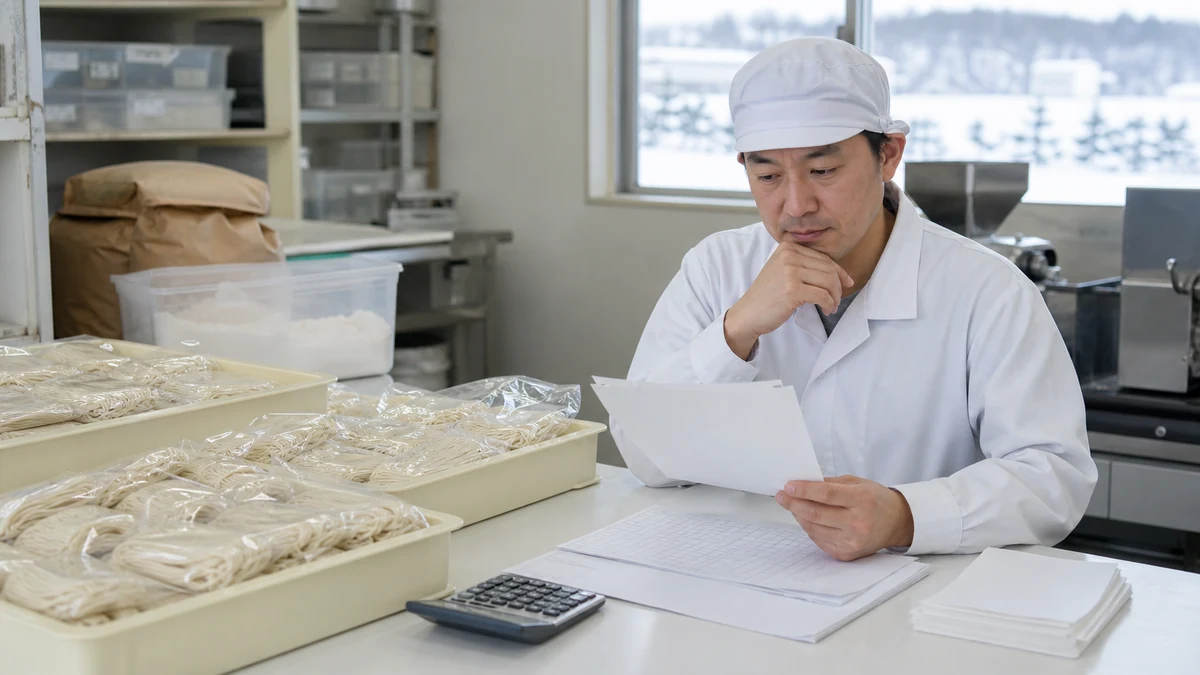 訓子府町でうどんの製造費と回収予定を照合する場面を想定した生成イメージ