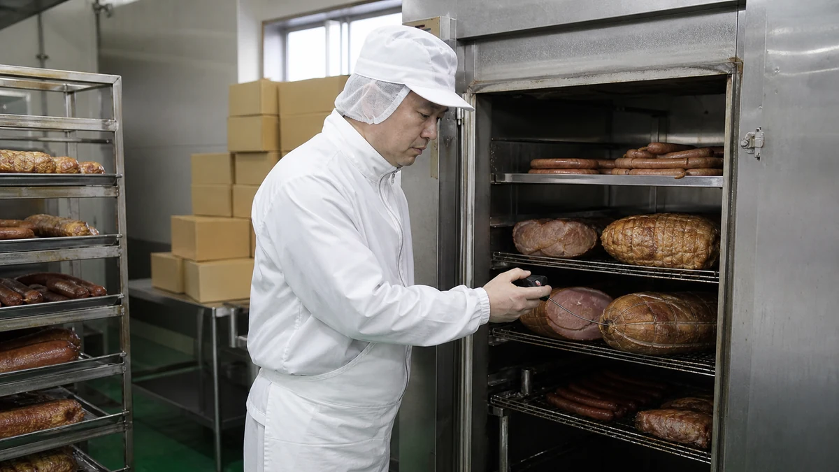 黒松内町の食肉加工室でハム・ソーセージの充填便・加熱庫・中心温度・冷却時刻を確認し、包装日を調整する担当者