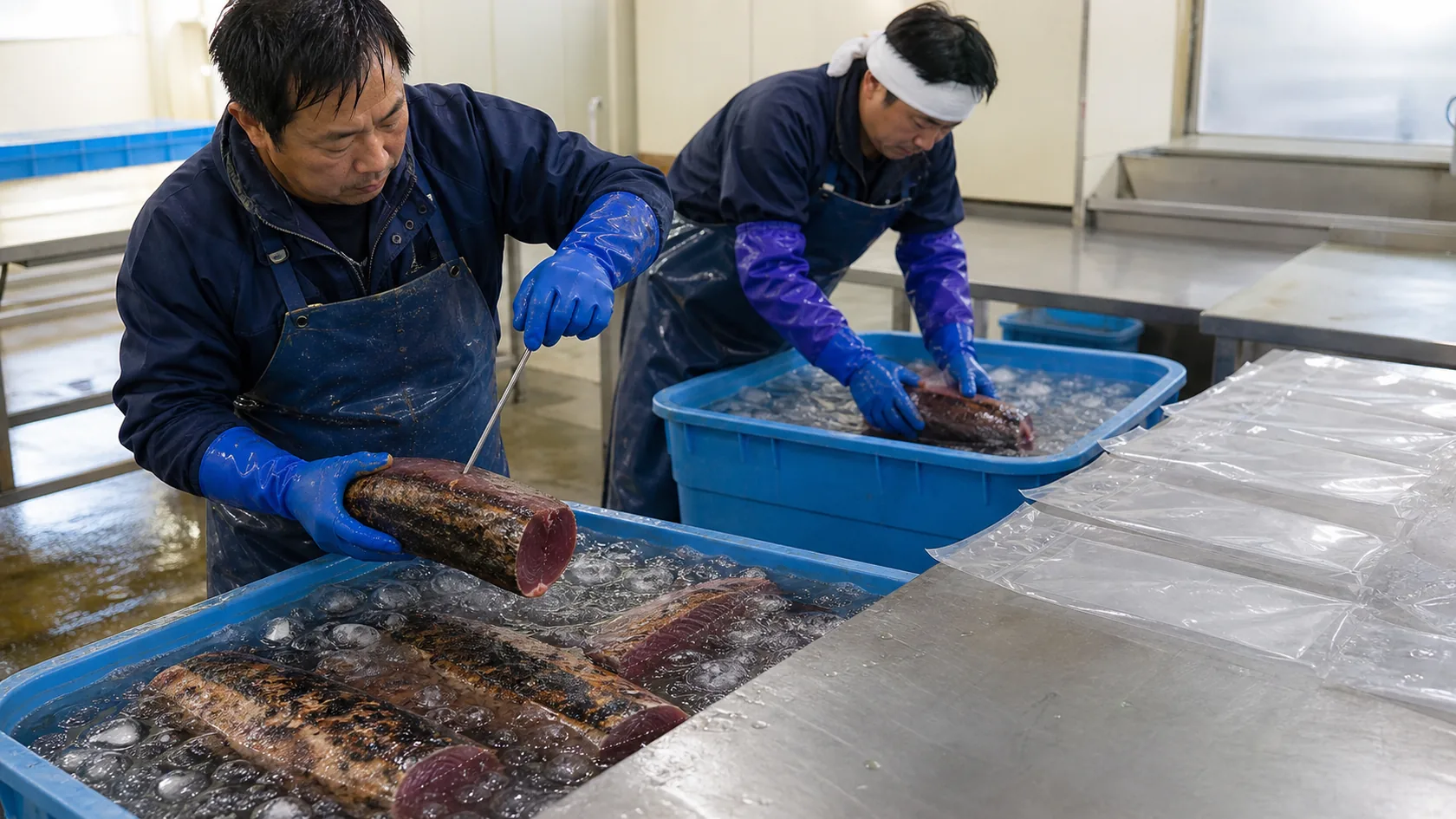 黒潮町のカツオ加工場で芯温が下がらない藁焼きの節を再冷却する作業者