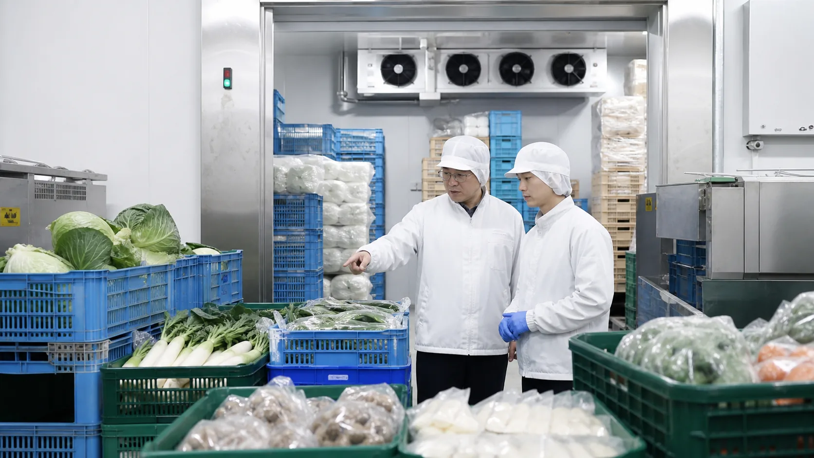 久留米市の冷蔵庫で季節野菜の在庫量と加工能力を確認する担当者