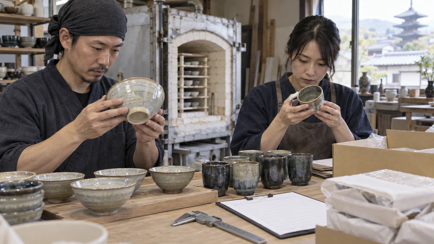 架空の職人が陶磁器のひび・釉薬・組数を検品する場面（AI生成イメージ）