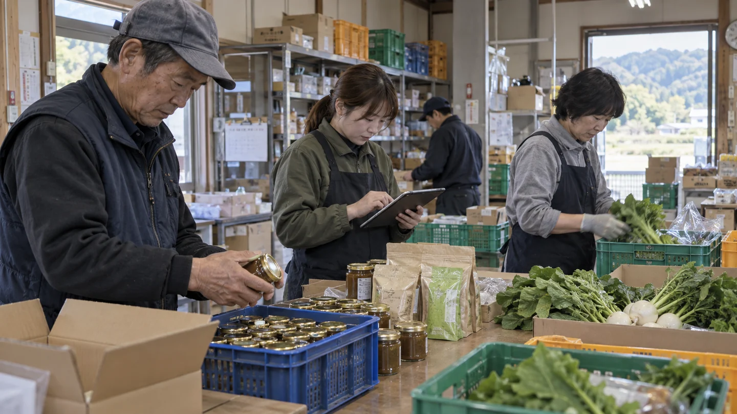 架空の担当者が直売所商品の納品数・販売数・返品数を確認する場面（AI生成イメージ）