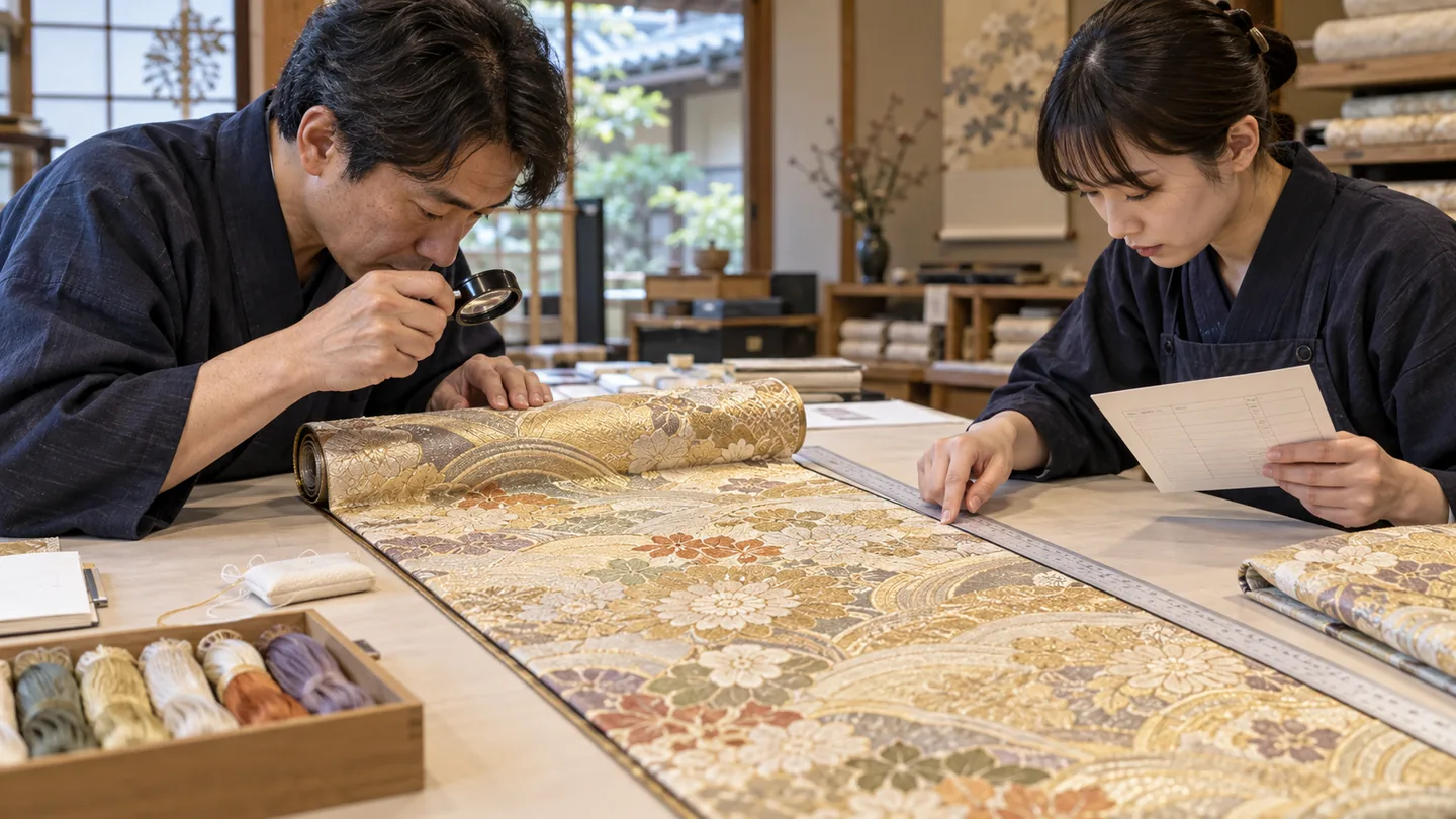 架空の担当者が帯地の長さ・柄位置・織傷を検品する場面（AI生成イメージ）