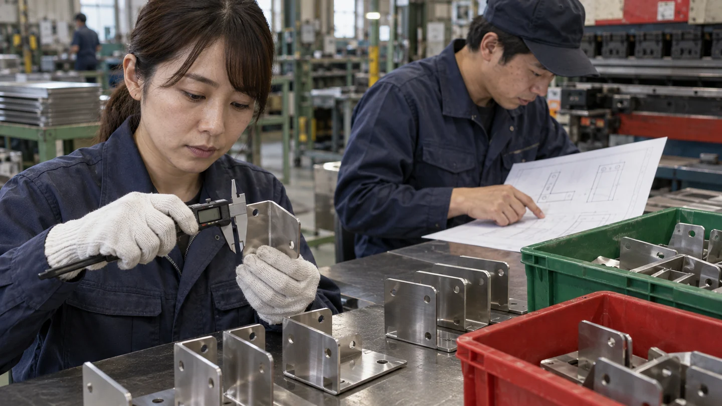 架空の検査担当者が板金部品の図面版・寸法・分納数を確認する場面（AI生成イメージ）