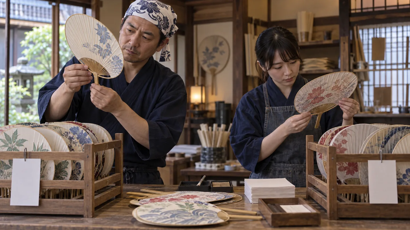 架空の職人がうちわの反り・浮き・縁を検品する場面（AI生成イメージ）