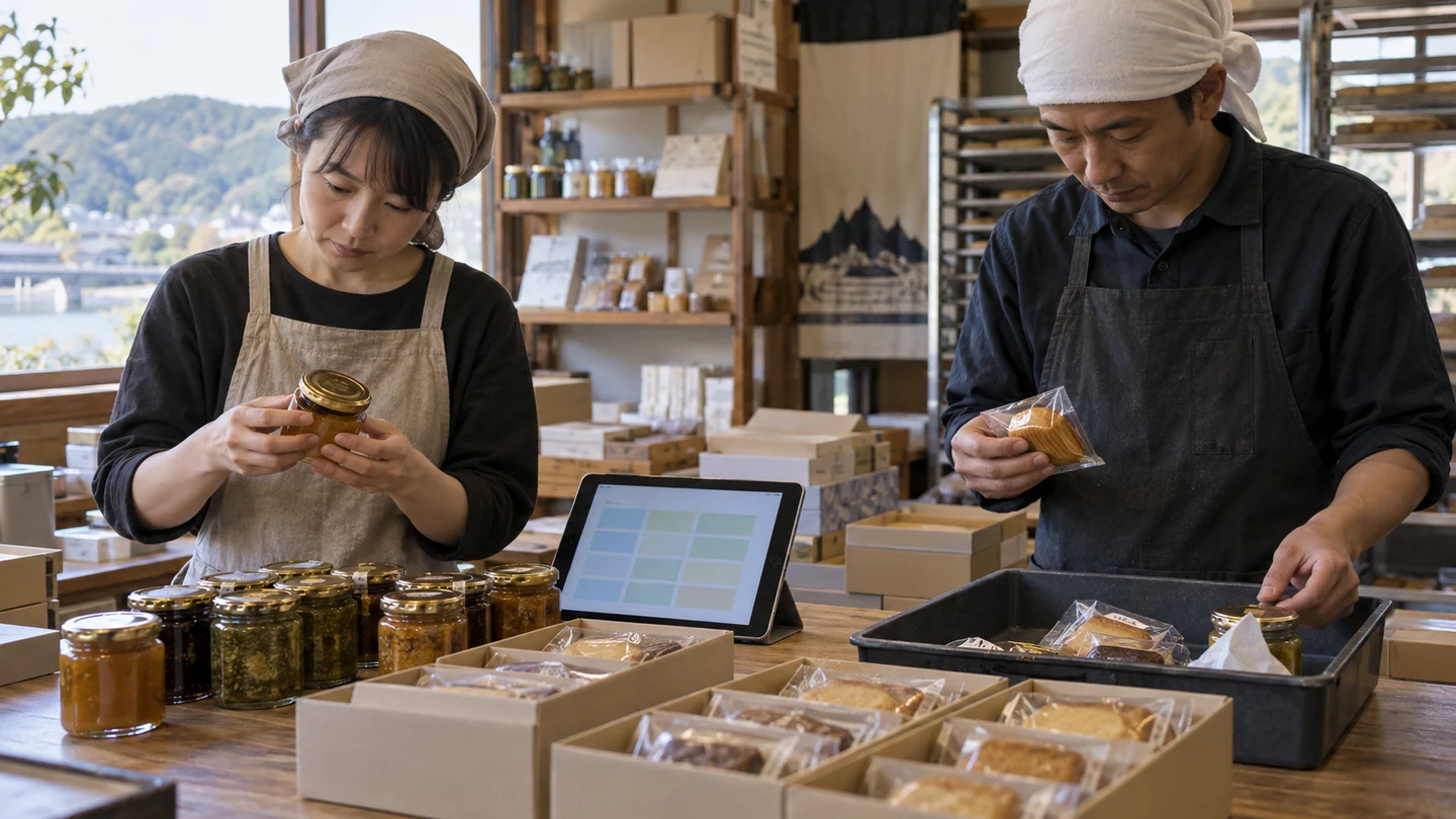 架空の担当者が土産商品の表示・箱番号・返品を確認する場面（AI生成イメージ）