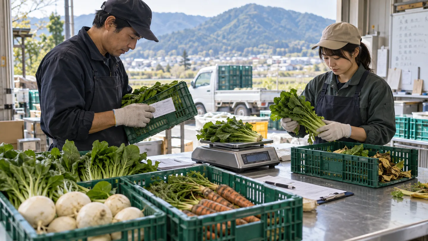架空の作業者が野菜の重量・外観・箱番号を確認する場面（AI生成イメージ）