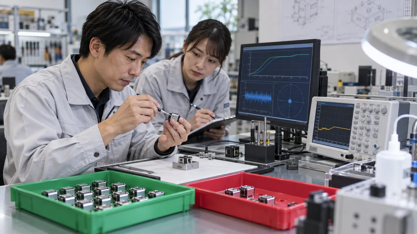 架空の技術者が試作品の校正・性能試験・仕様版を確認する場面（AI生成イメージ）