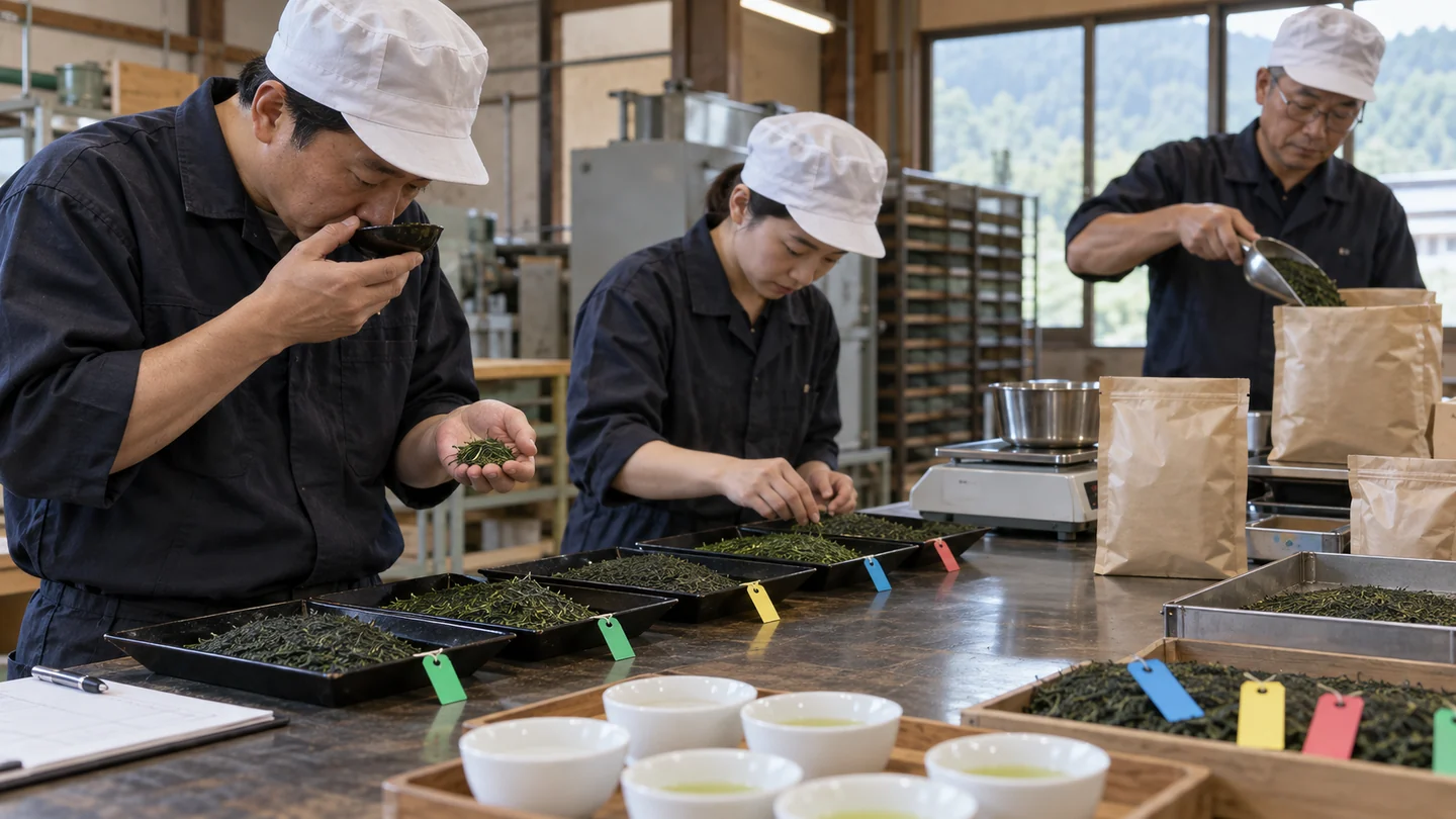 架空の担当者が仕上げ茶の重量・香味・袋番号を確認する場面（AI生成イメージ）