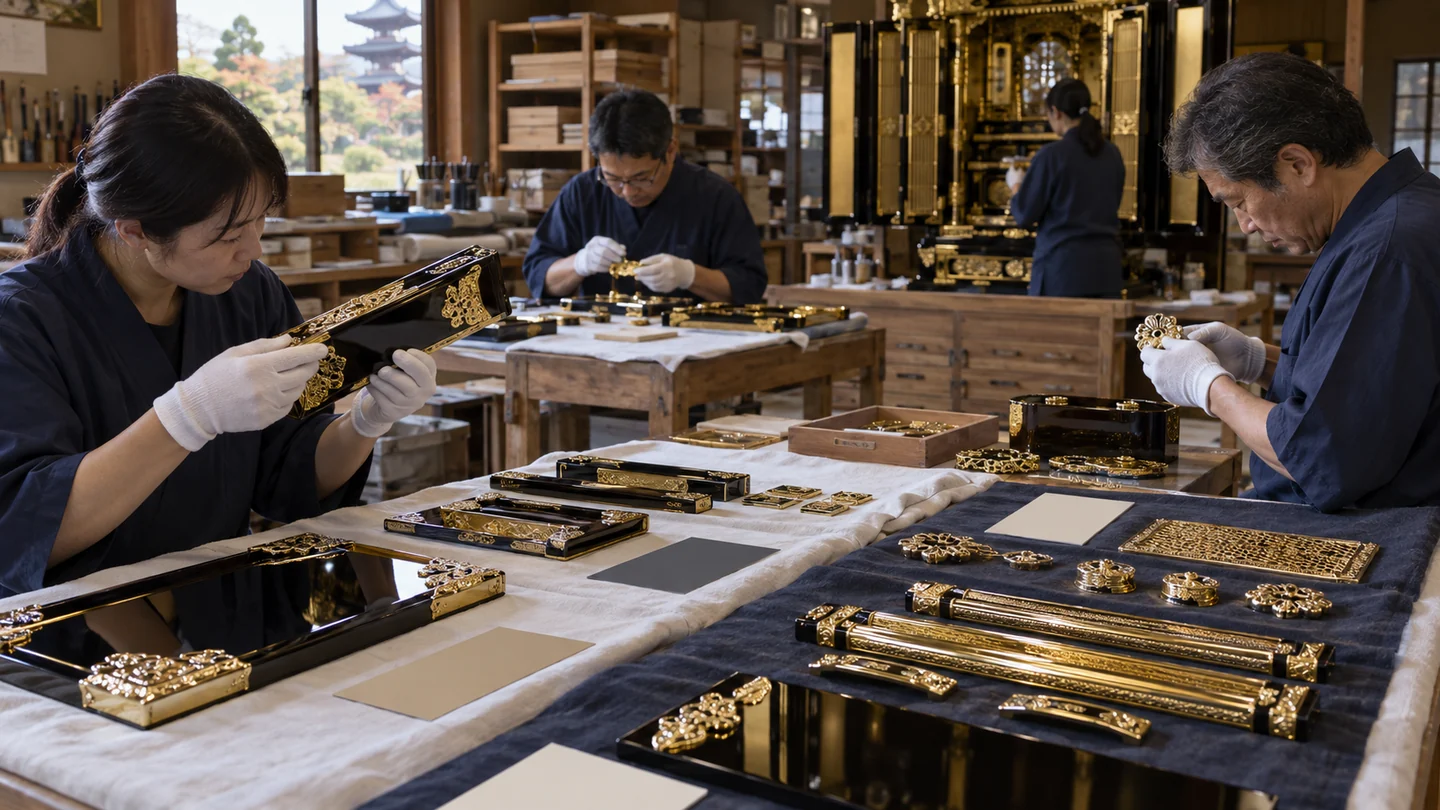 架空の担当者が漆面・金具・左右組を検品する場面（AI生成イメージ）