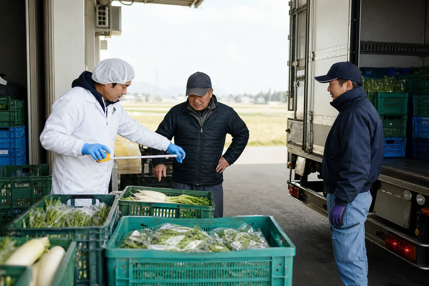 前橋市の食品加工施設で担当者3人が農産物在庫と積載計画を確認する様子