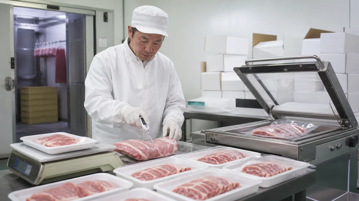 真狩村の精肉加工室で豚肉ロットの受入温度・部位別歩留まり・注文重量・真空包装を確認し、冷蔵出荷量を調整する担当者