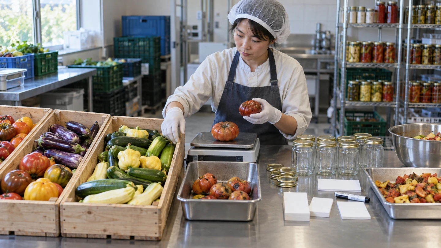架空の加工担当者が伝承野菜の品種と原材料表示を照合する場面（AI生成イメージ）