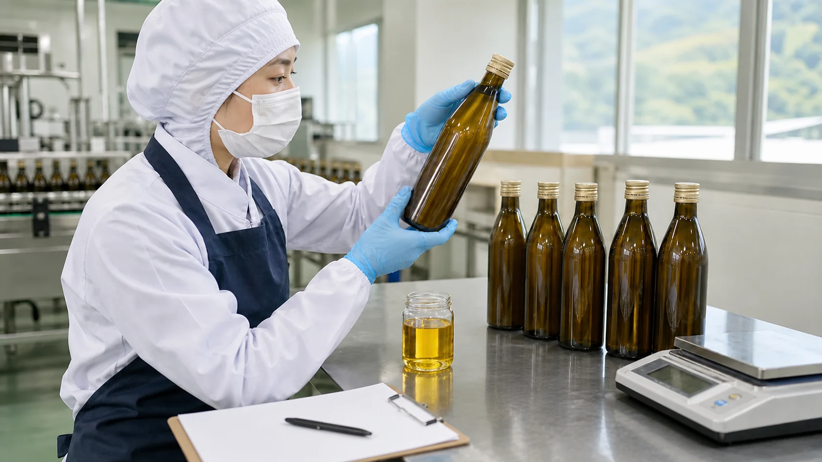 まんのう町を題材とした完成品検品専用の台で、原料種子を置かず、密栓済みひまわり油の瓶を確認する担当者（AI生成の説明用イメージ）