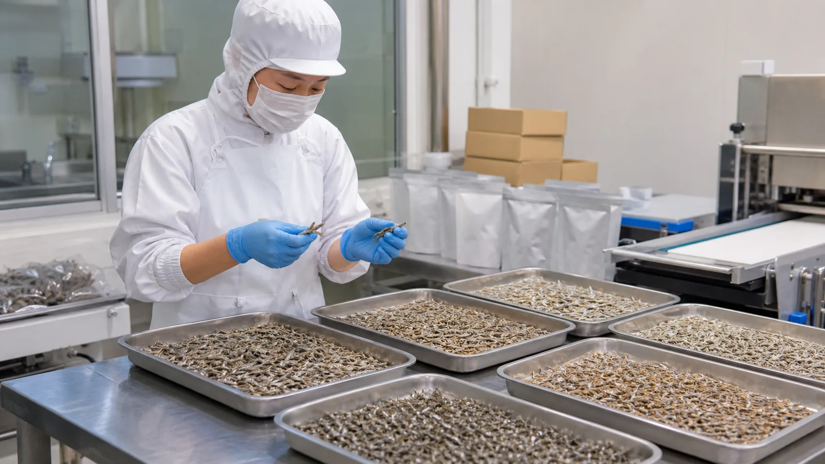 松前町の水産加工場で、乾燥した小魚を包装前に色と大きさで選別する作業者