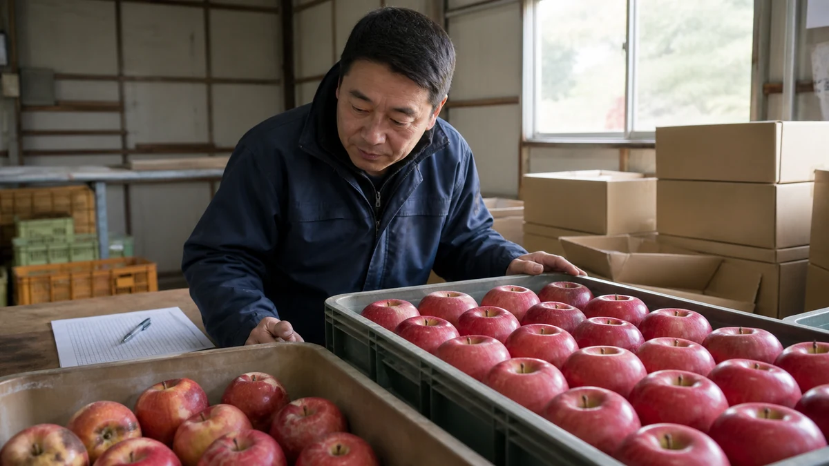 増毛町のりんご出荷で販売用途ごとに果実と明細を照合する場面を想定した生成イメージ
