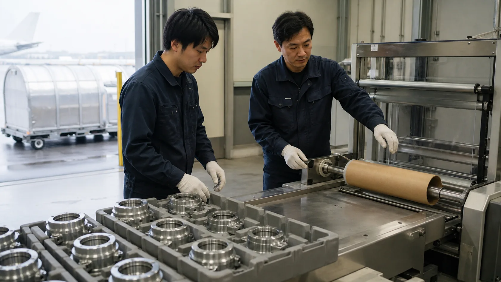 益城町の空港近接工場で、精密金属部品と防湿梱包設備を点検する作業者