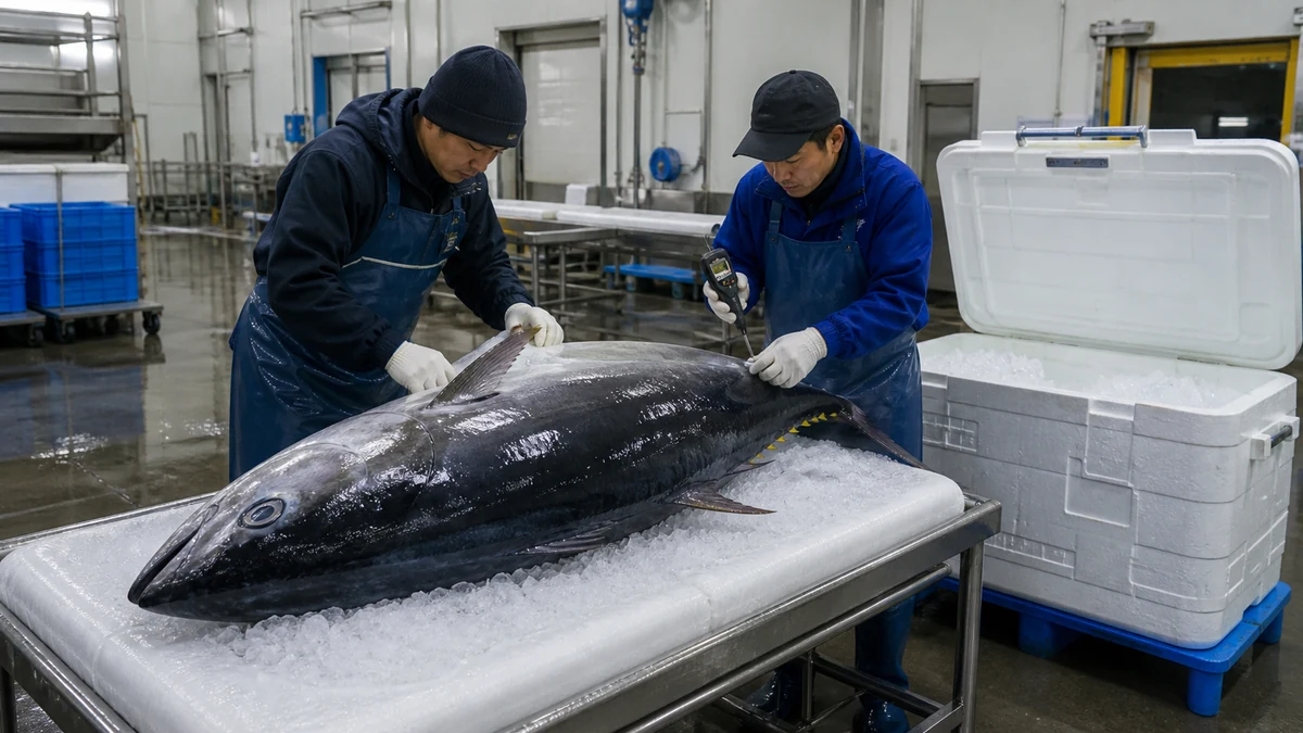 松前町の漁港荷さばき場で本マグロの魚体重量・外観・中心温度を確認し、市場便と飲食店便の出荷配分を見直す担当者