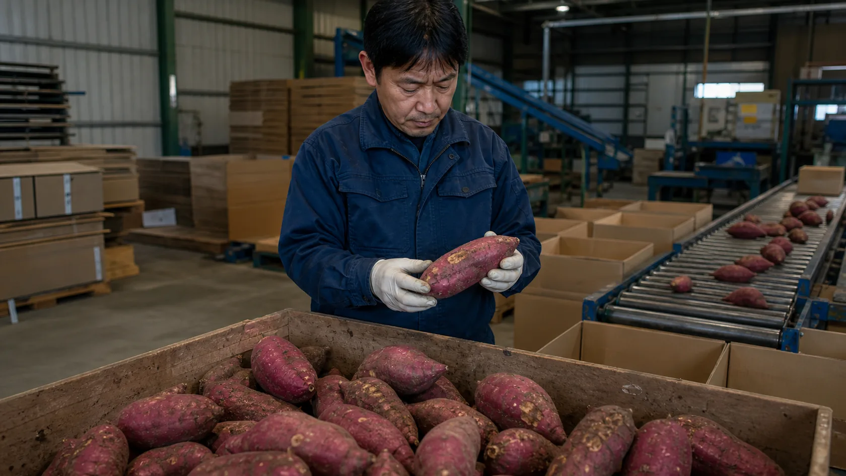 松茂町のさつまいも選果場で傷と腐敗のある芋を再選別する作業者