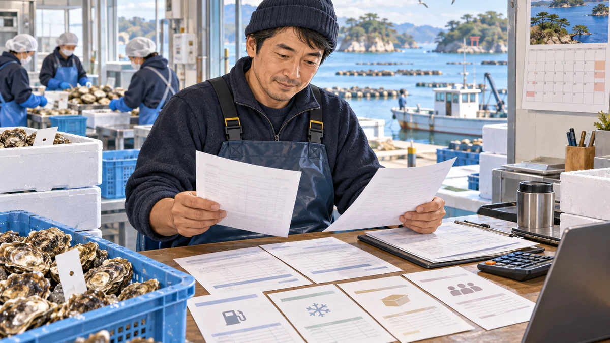 松島町の牡蠣の養殖・むき身加工・共同出荷・直売精算で支払日と検収後の入金日がずれる状況を想定した生成イメージ