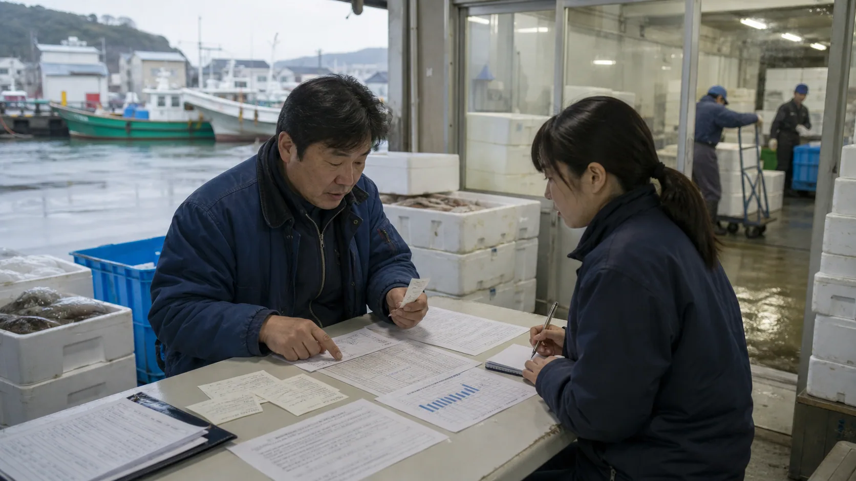 松浦市の事業者が水揚げ記録と冷凍在庫表から資金不足週を確認する場面