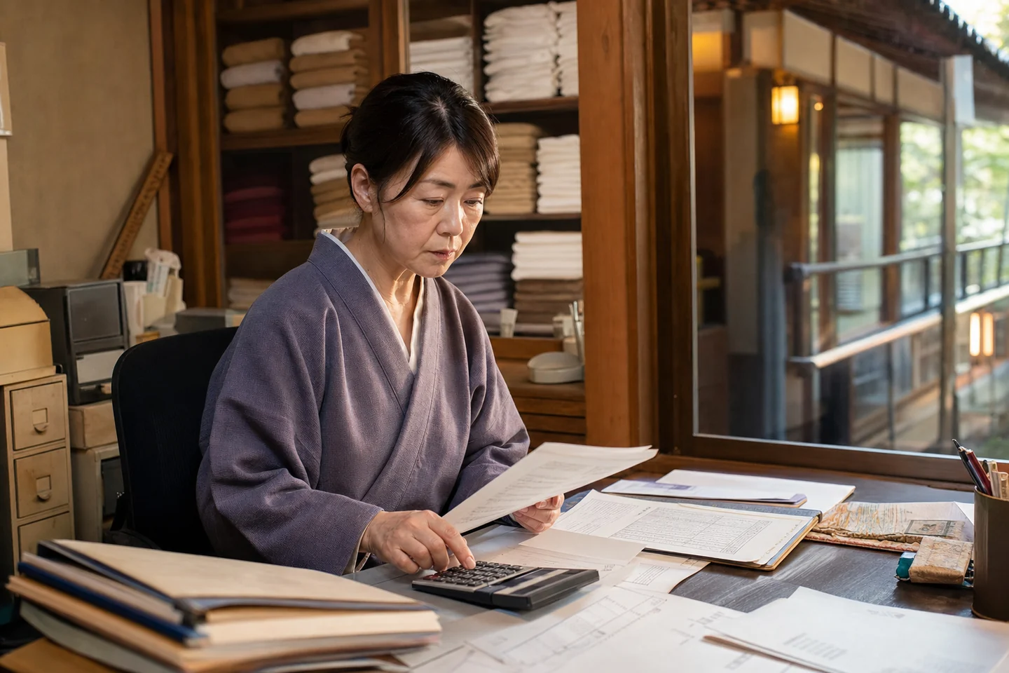 松山市の食品卸売会社経営者が仕入れと在庫の請求書を確認する様子