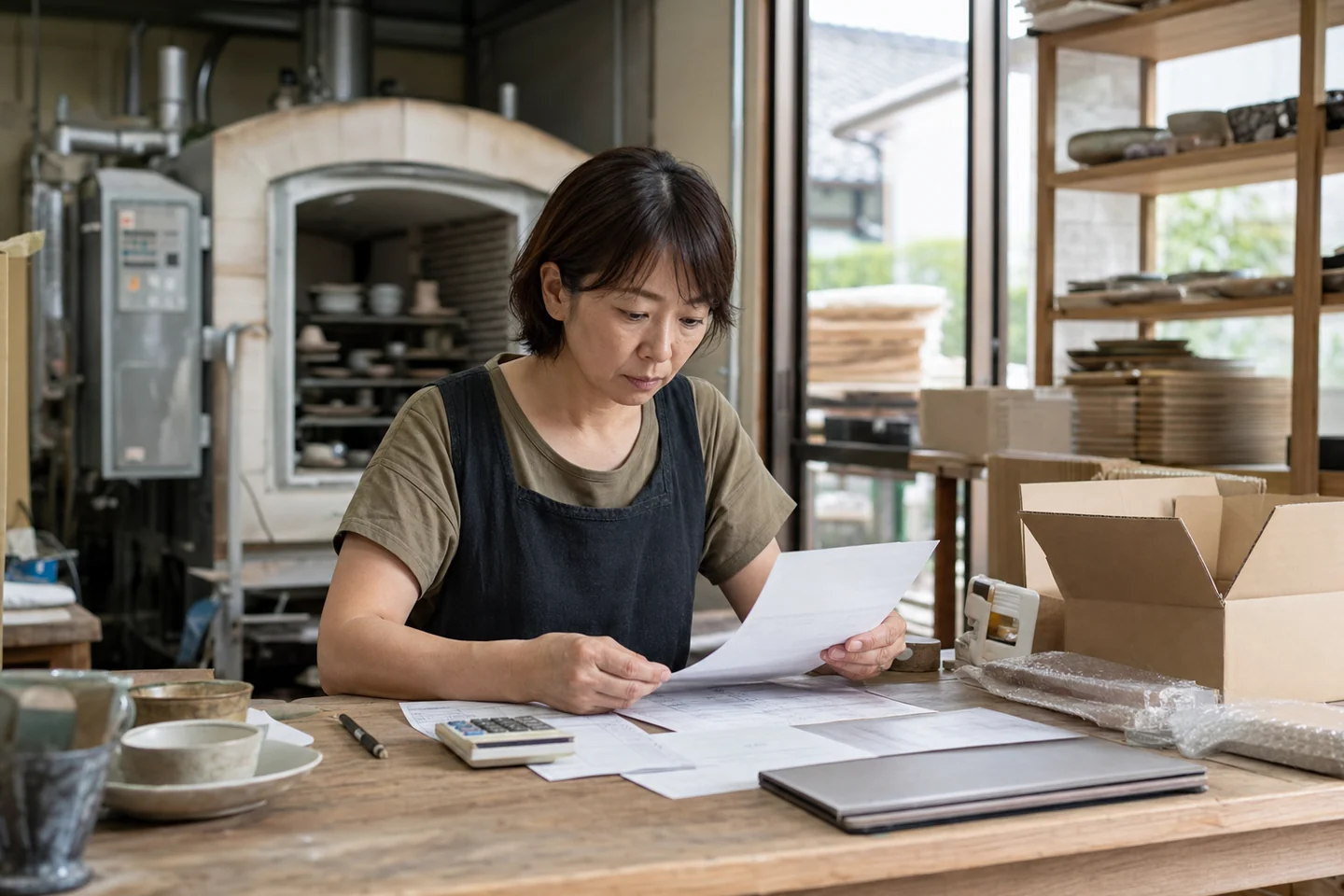 伊賀市の事業者が原材料費と窯の燃料費と包装費を確認する様子