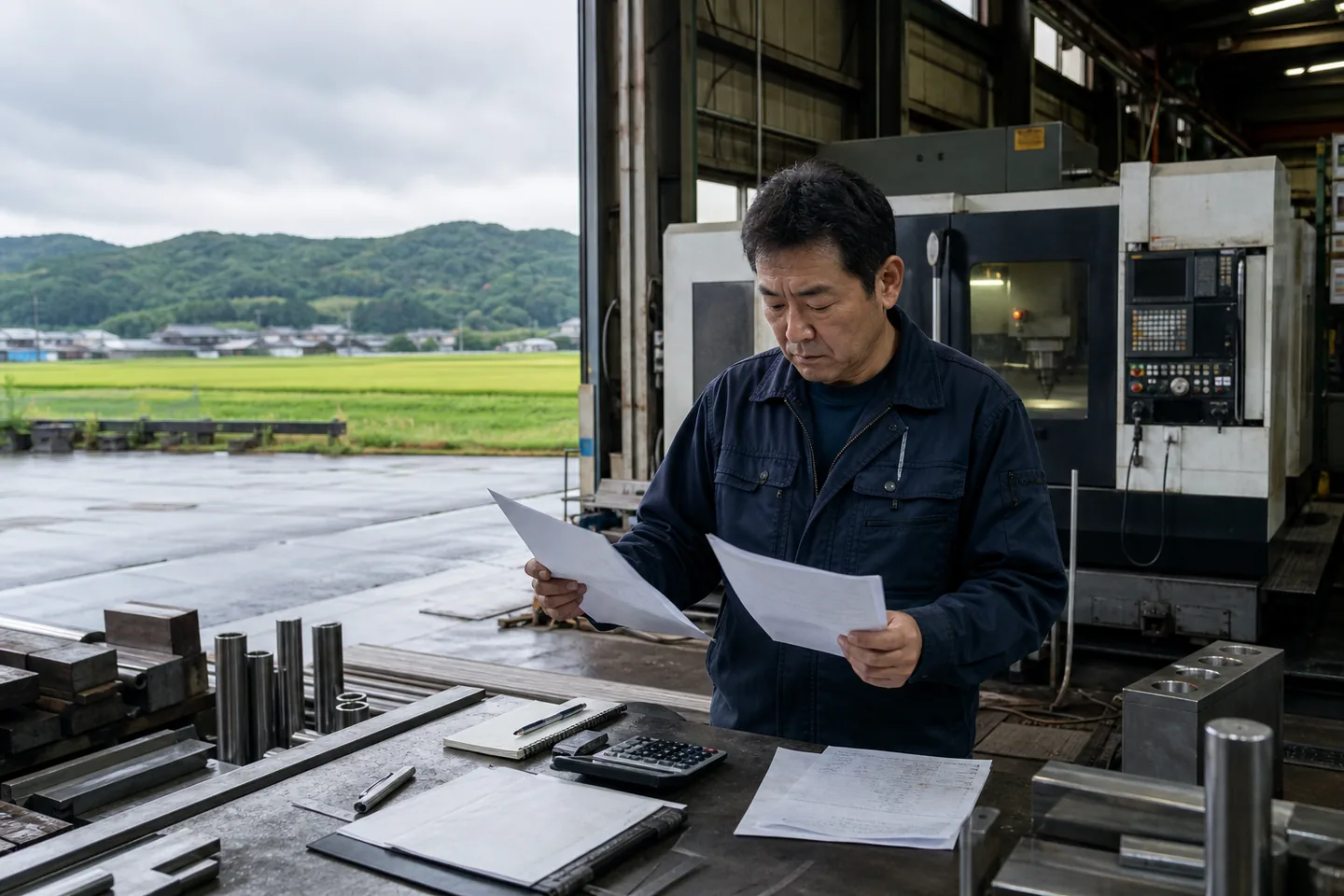 いなべ市の工場経営者が鋼材費と機械維持費の書類を確認する様子