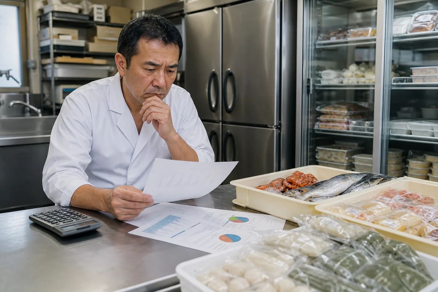 伊勢市の食品事業者が原材料費・冷蔵費・人件費を確認する様子
