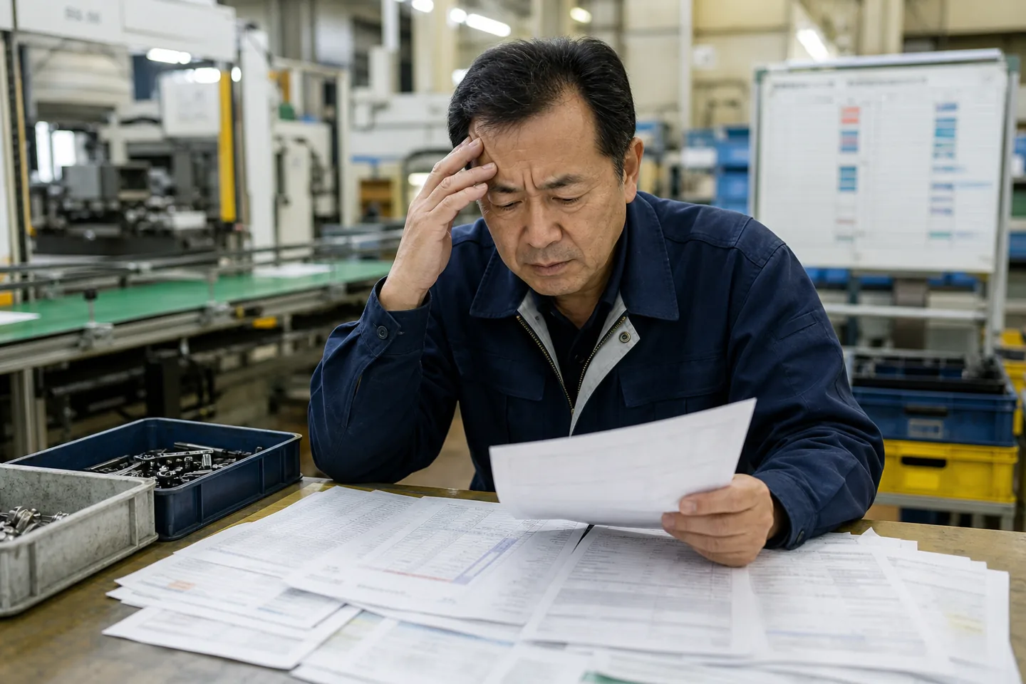 亀山市の部品工場経営者が材料費と設備費の書類を確認する様子