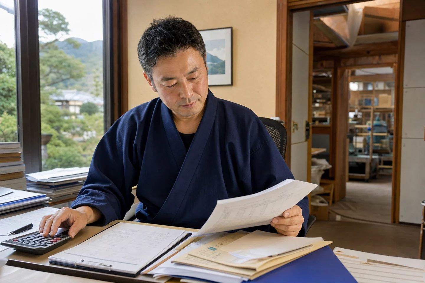 菰野町の宿泊事業者が食材費や光熱費の請求書を一人で確認する様子